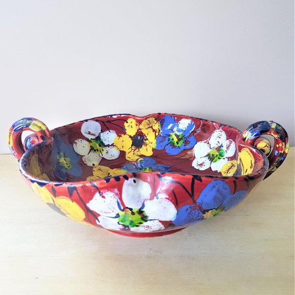 Vintage Handmade Italian Red Floral Bowl. - Picture 2 of 8